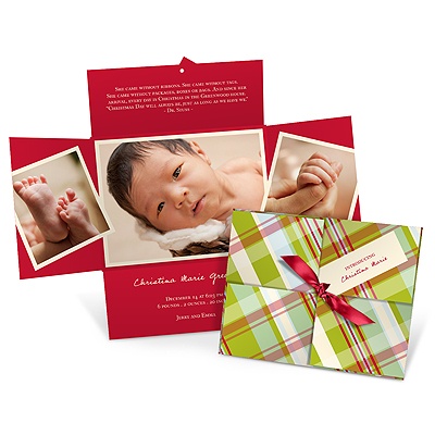 Birth Announcement Christmas Cards -- Wrapped Collage in Plaid Birth Announcement Christmas Cards -- Wrapped Collage in Plaid